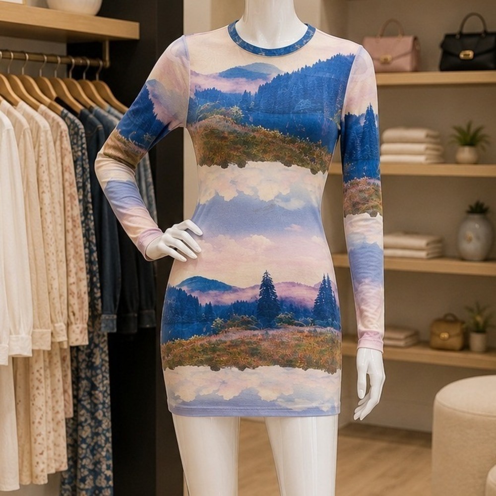 H&M Divided Womens Dress Landscape Nature Print Mesh Bodycon Small